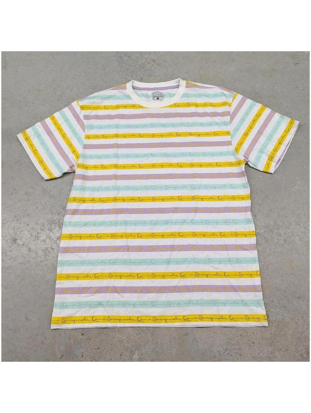 Vintage 90s Karl Kani Yellow and White stripped logo t-shirt